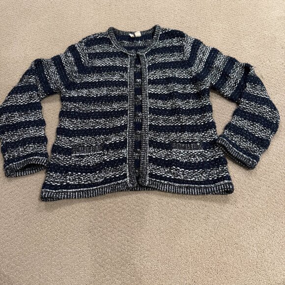 Anthropologie Moth Cardigan Sweater Mademoiselle Navy Boucle Chunky Knit LARGE - Picture 3 of 16